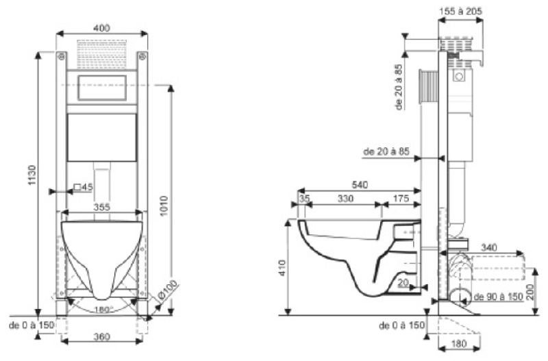 Schéma technique illustrant la hauteur d’évacuation WC selon la norme DTU 60.11 avec canalisation D100.