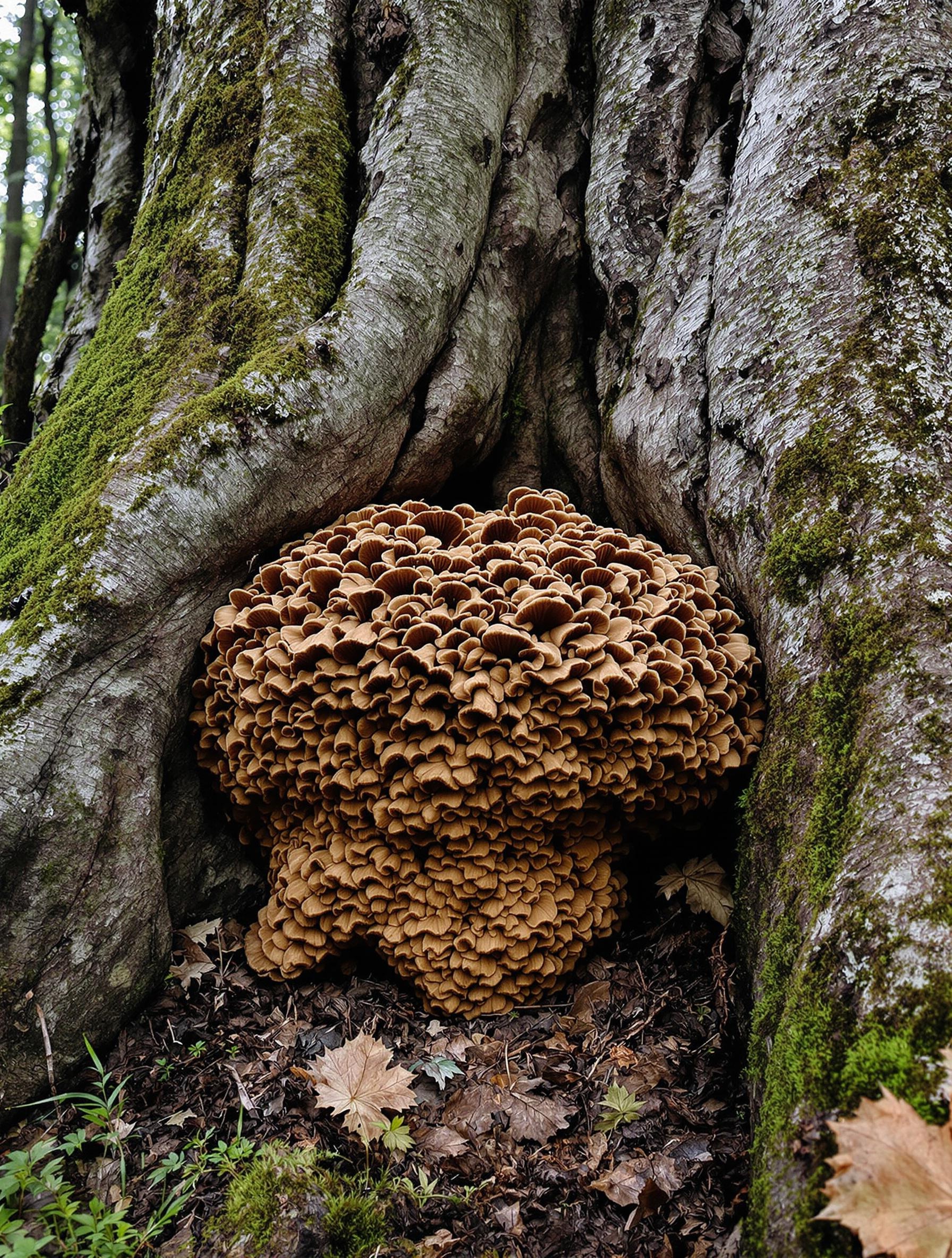 Sclérote du Polypore en ombelle sur sol forestier