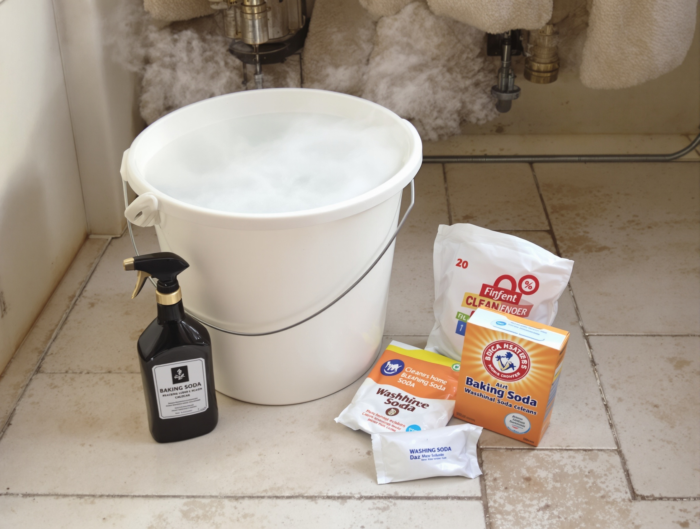 seau d'eau chaude savon noir bicarbonate cristaux de soude sur carrelage