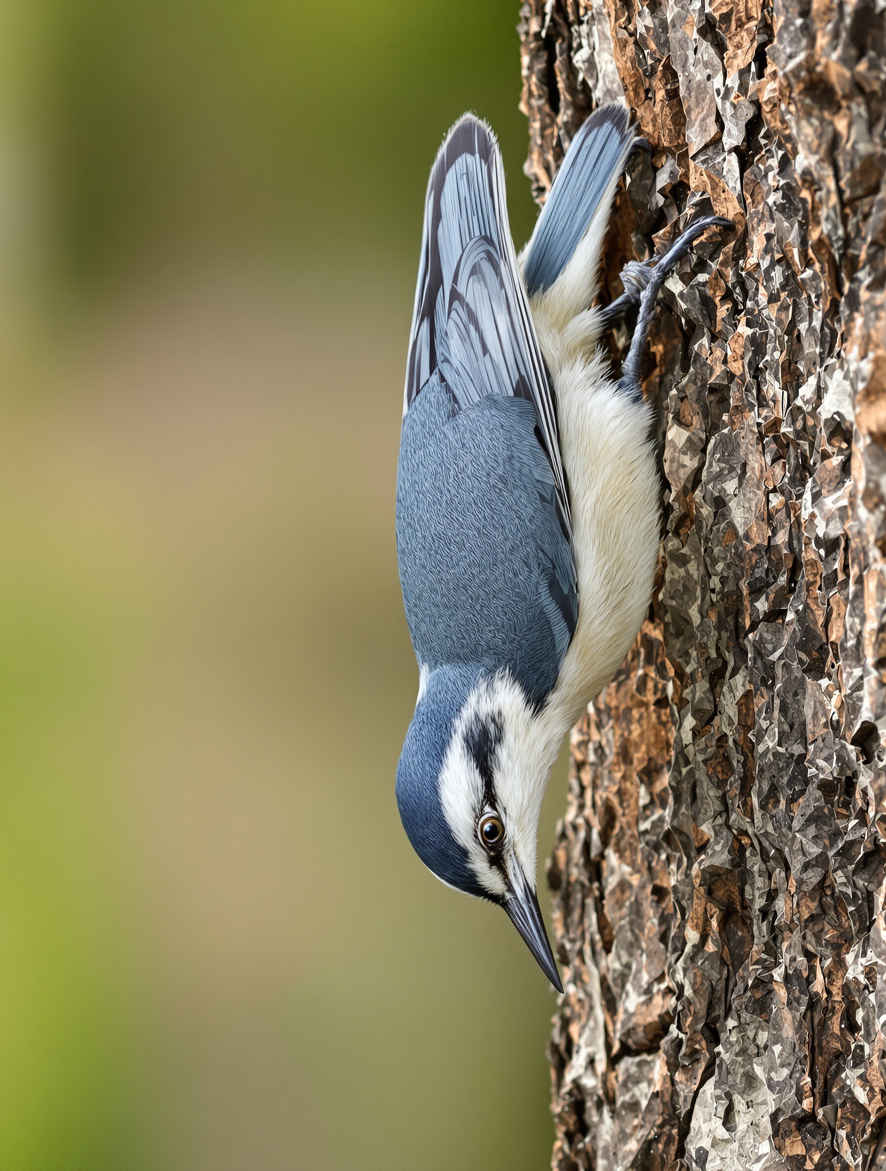 Gros plan sittelle torchepot tronc arbre reflets bleu-gris posture tête en bas