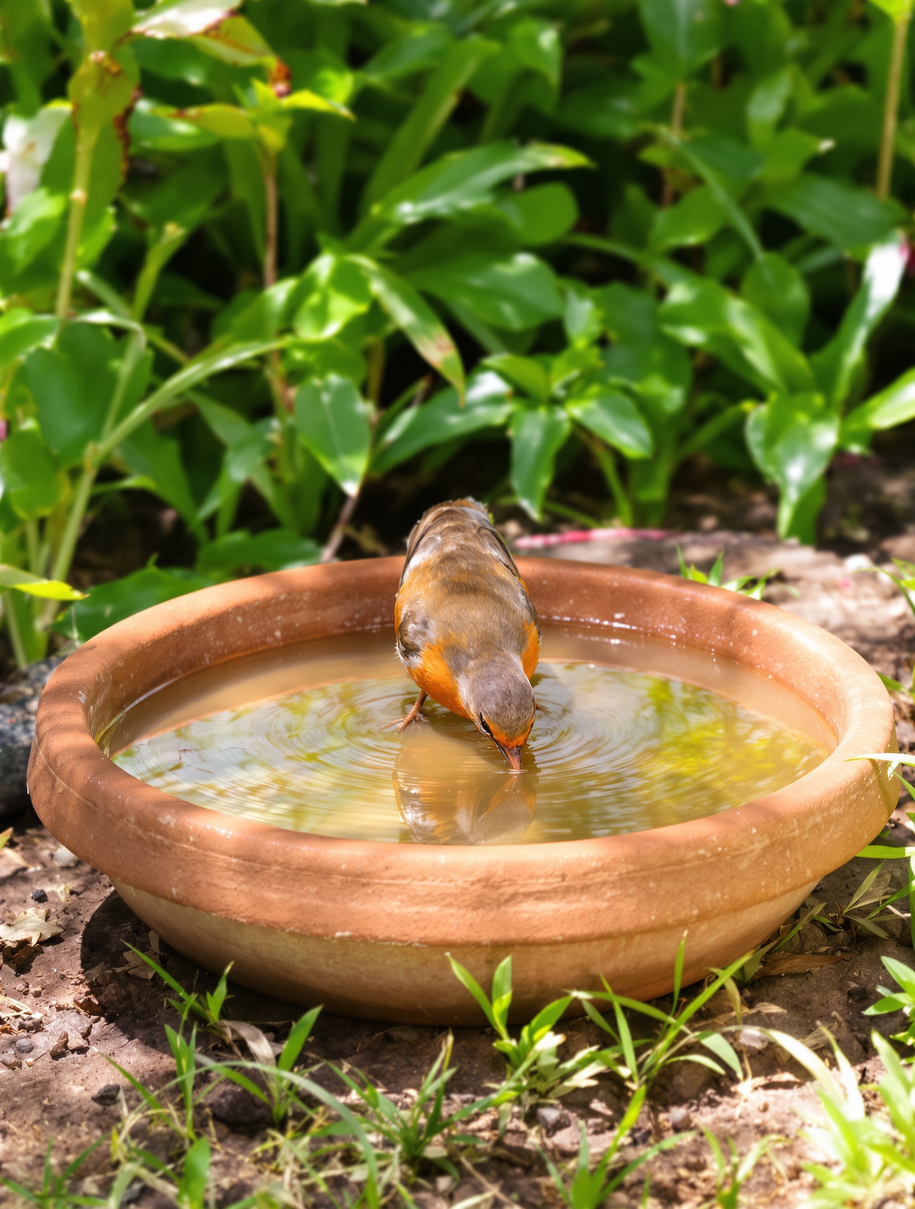 rouge-gorge boit eau soucoupe terre cuite jardin