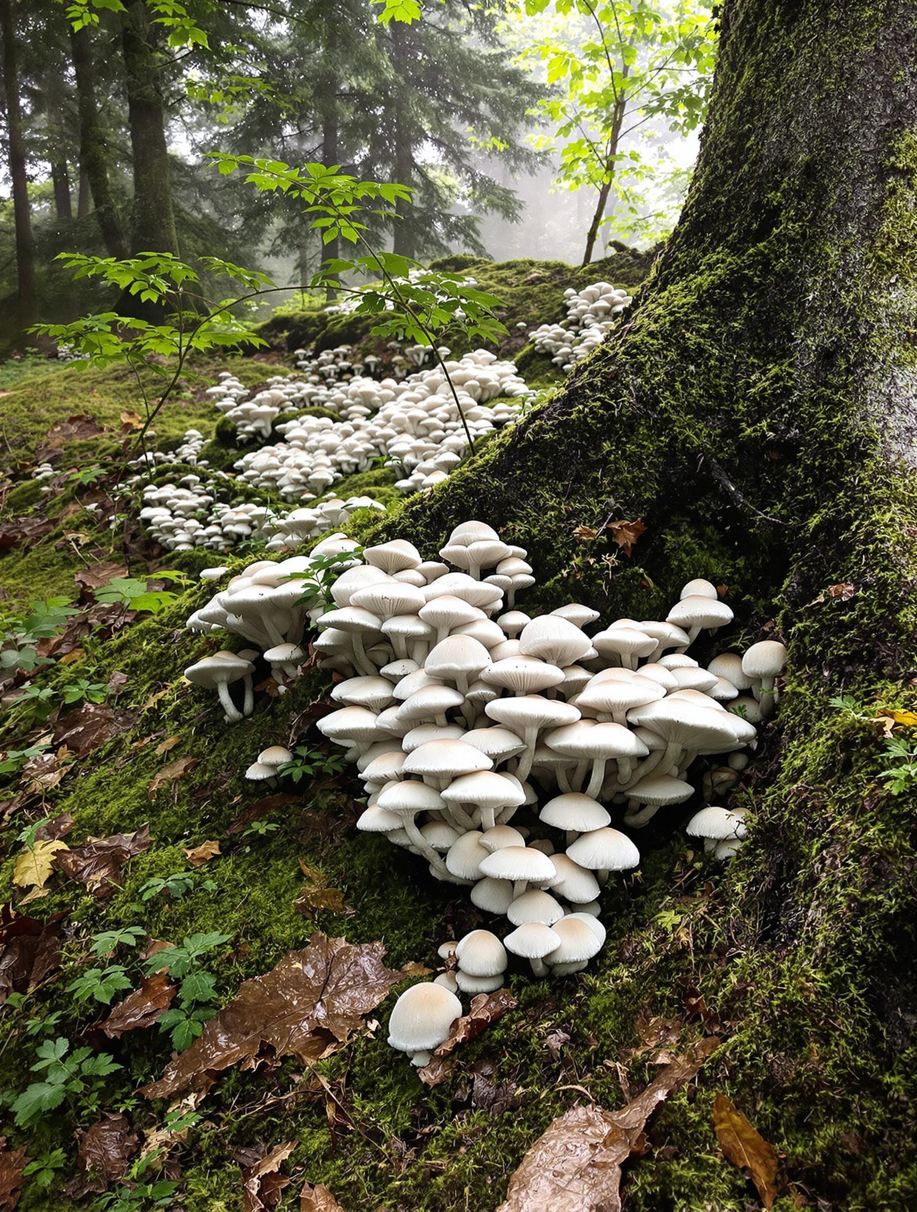 Sous-bois mixte avec feuillus et conifères, Clavulina cristata par temps humide en août