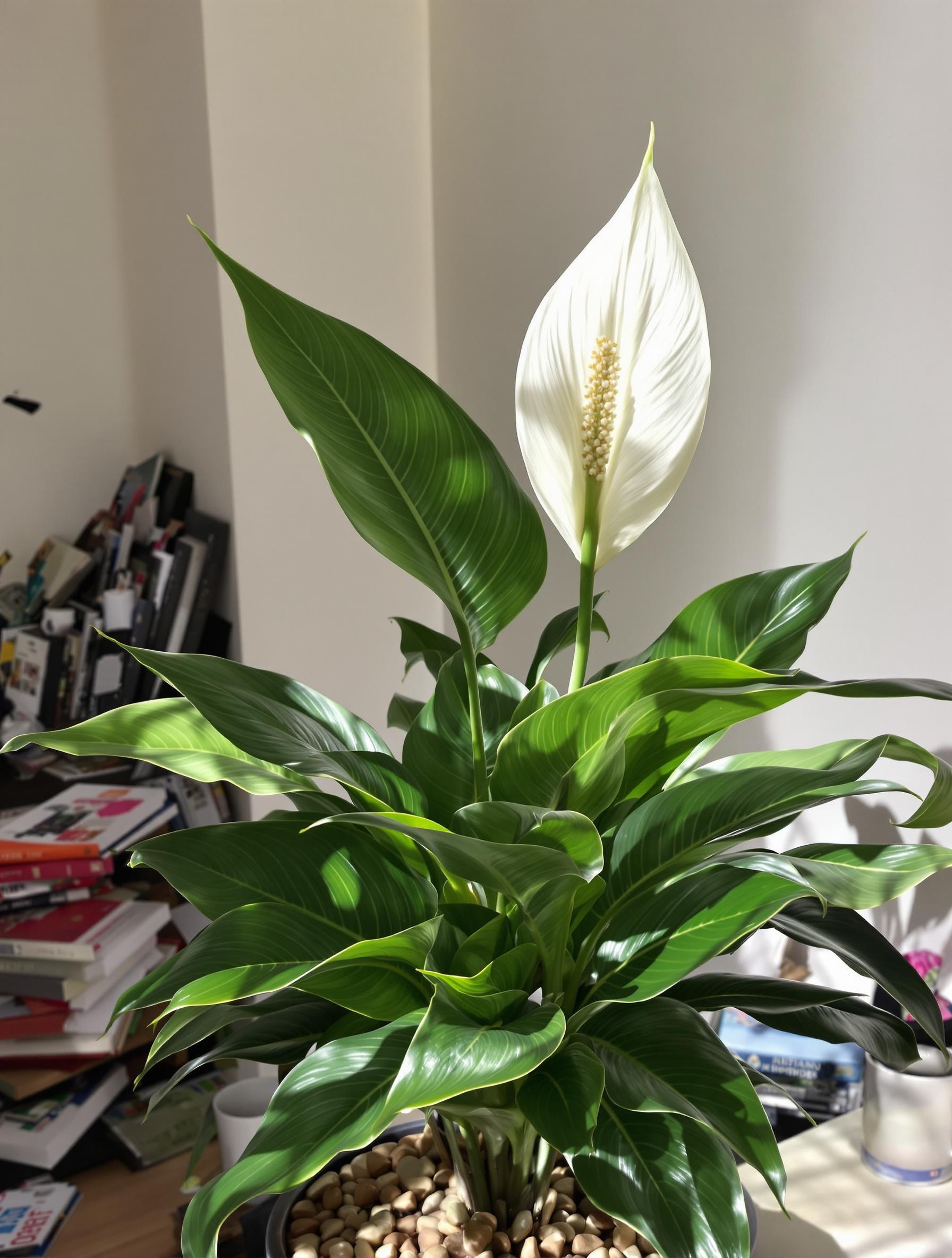 Spathiphyllum adulte en fleur posé sur des billes d’argile avec une lumière indirecte