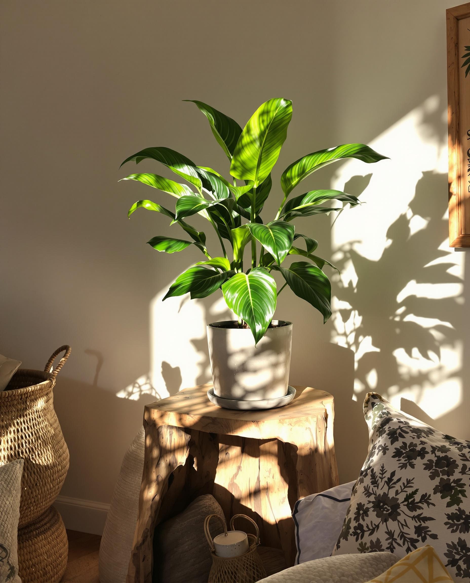 Plante Spathiphyllum à mi-ombre sur un meuble en bois brut avec des taches de lumière filtrée