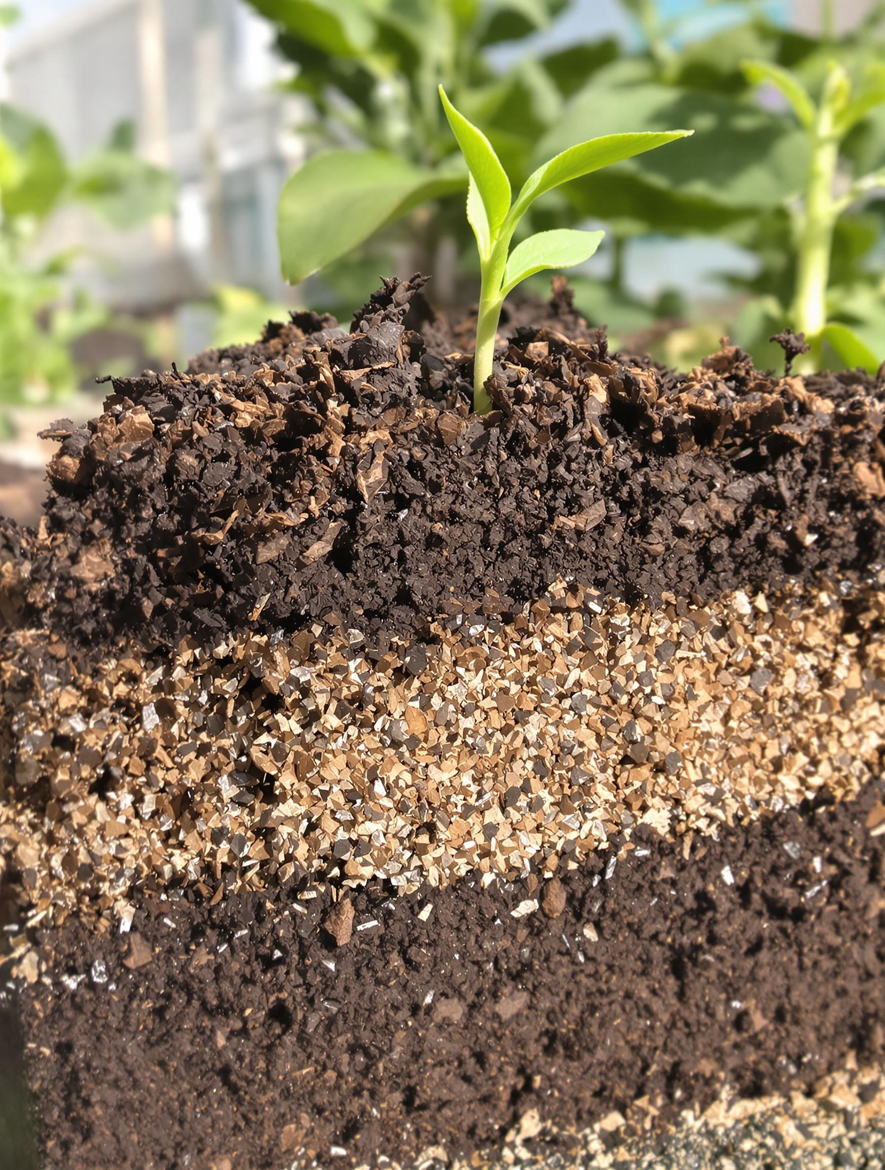 Substrat en coupe : terreau, compost et vermiculite pour semis de canna indica en serre