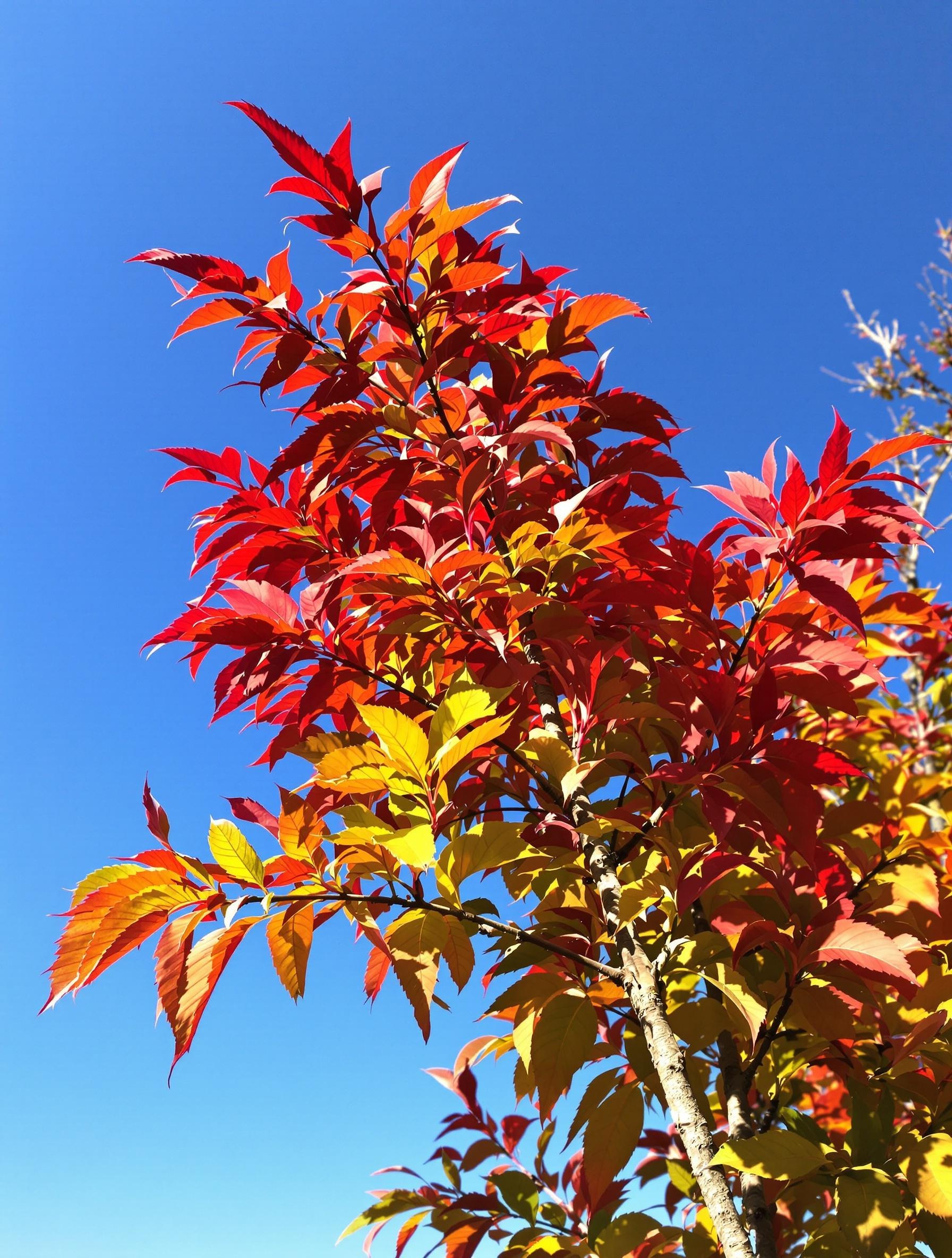 Rhus typhina en automne avec feuillage rouge et orange vif sous un ciel bleu clair.