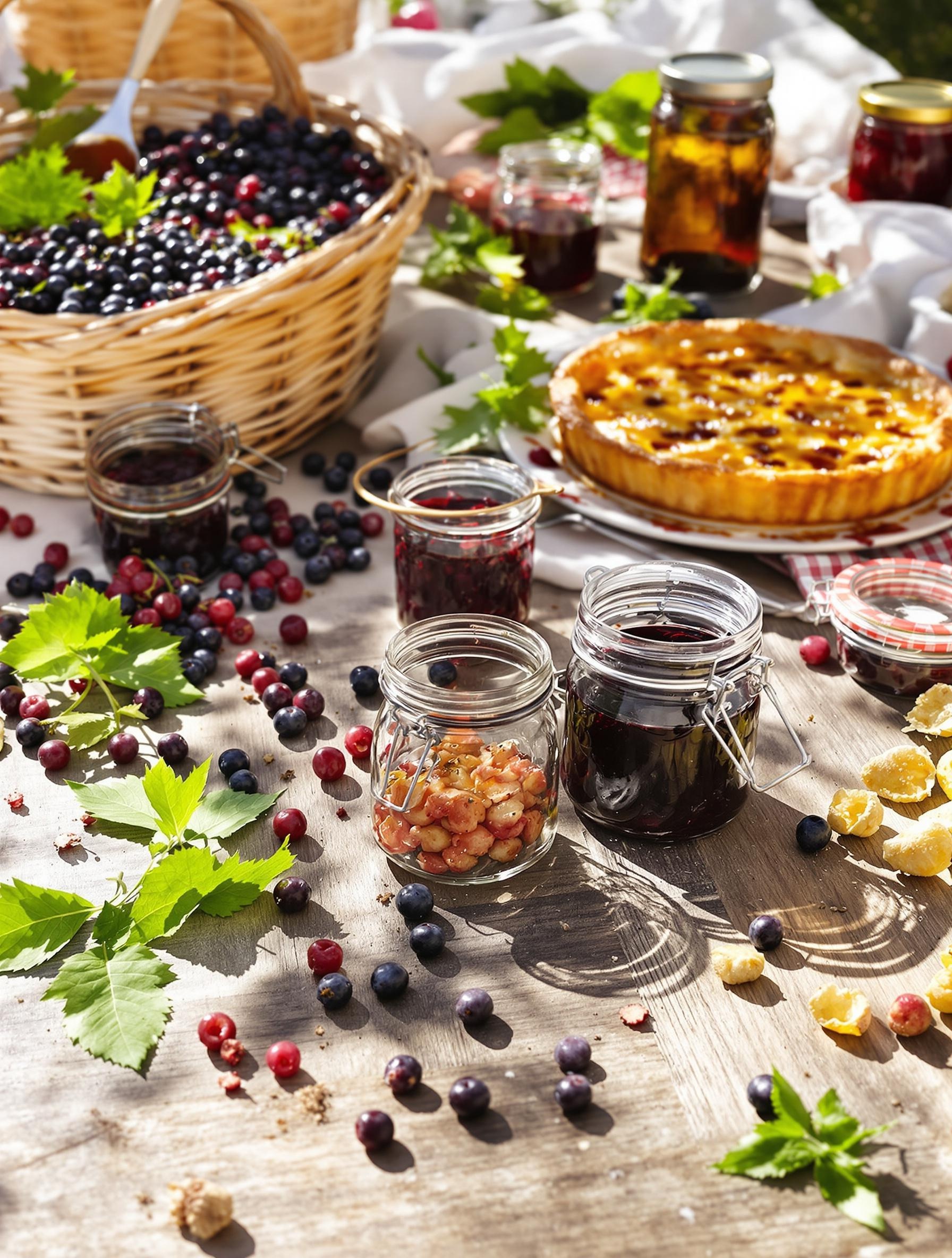 Paniers de groseilles à maquereau, pots de confiture et tarte maison