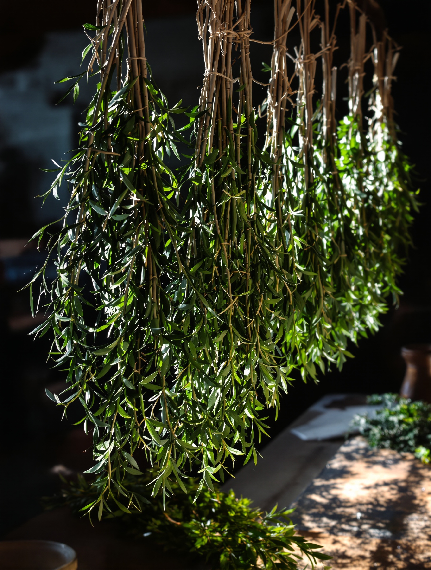 Bouquets de romarin suspendus la tête en bas dans une cuisine rustique
