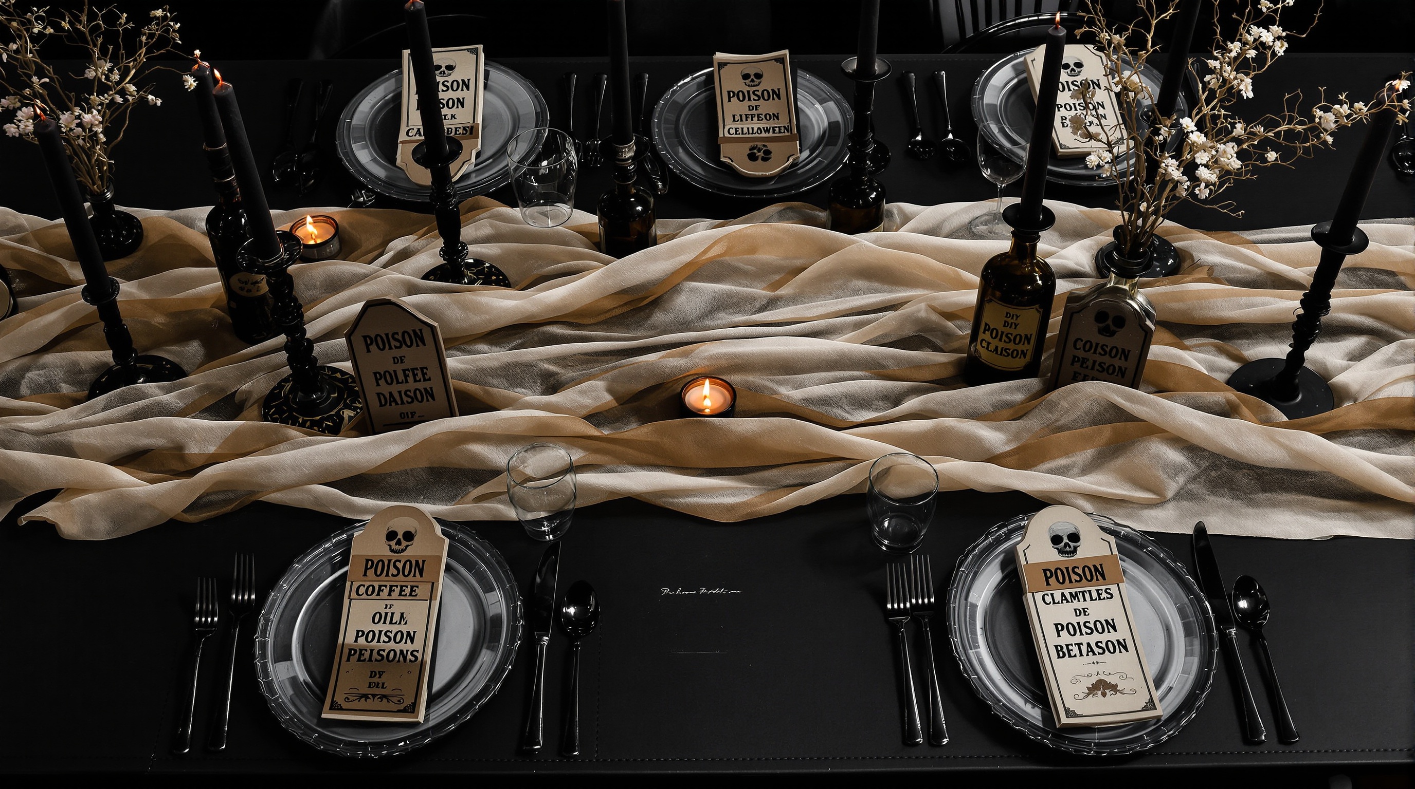 table Halloween DIY gaze tachée fioles poison pierre tombale
