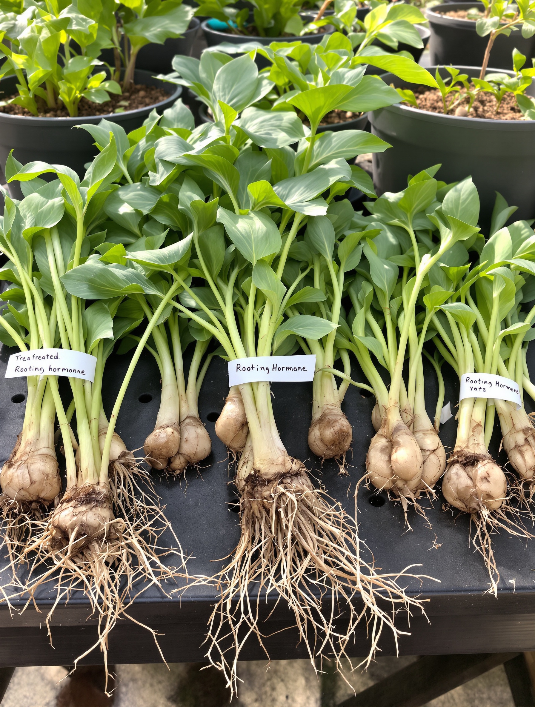 Table de jardin avec plusieurs boutures fraîchement préparées (tiges et racines), certaines ayant reçu de l'hormone d'enracinement, d'autres non, sur fond de pots remplis d'un substrat drainant.