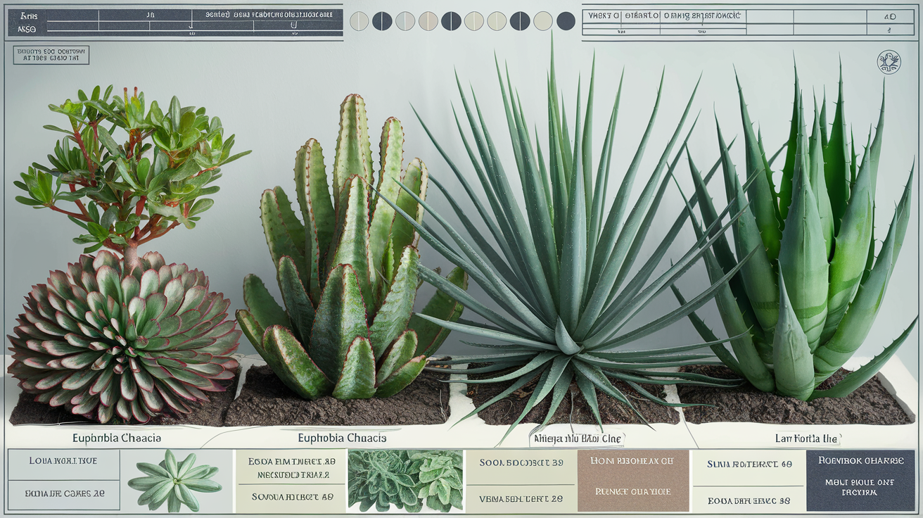 Comparatif visuel Euphorbia characias wulfenii Silver Swan Humpty Dumpty Portuguese Velvet.