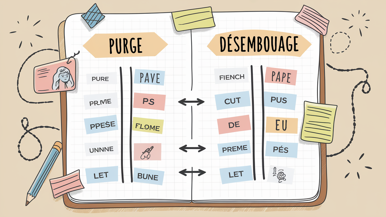 Tableau comparatif purge vs désembouage sur fond schéma hydraulique bricolé