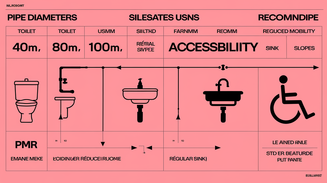 Tableau des usages et diamètres recommandés pour les tuyaux d’évacuation PMR, WC et lavabo.