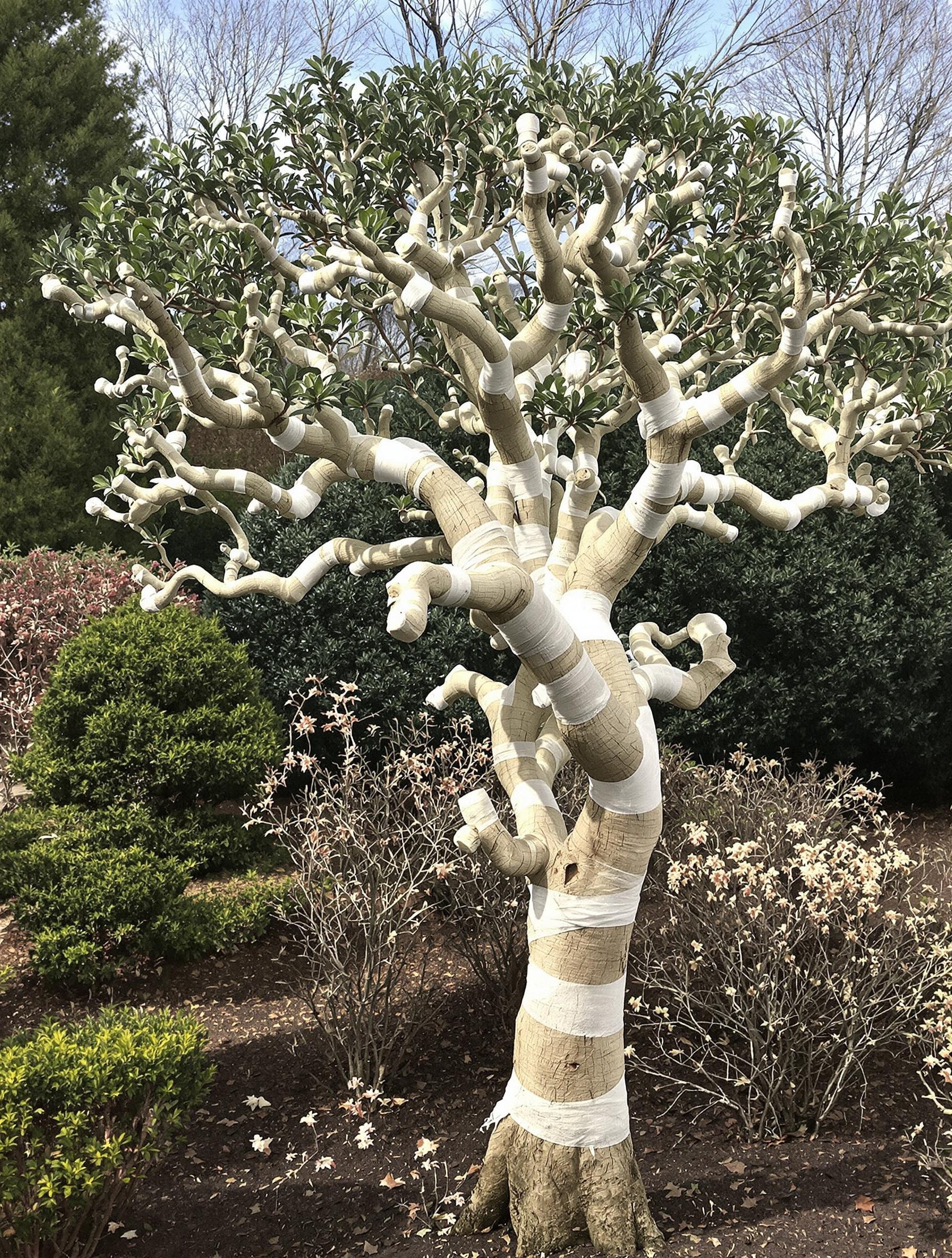 Taille d'un flamboyant gelé avec pansements sur rameaux