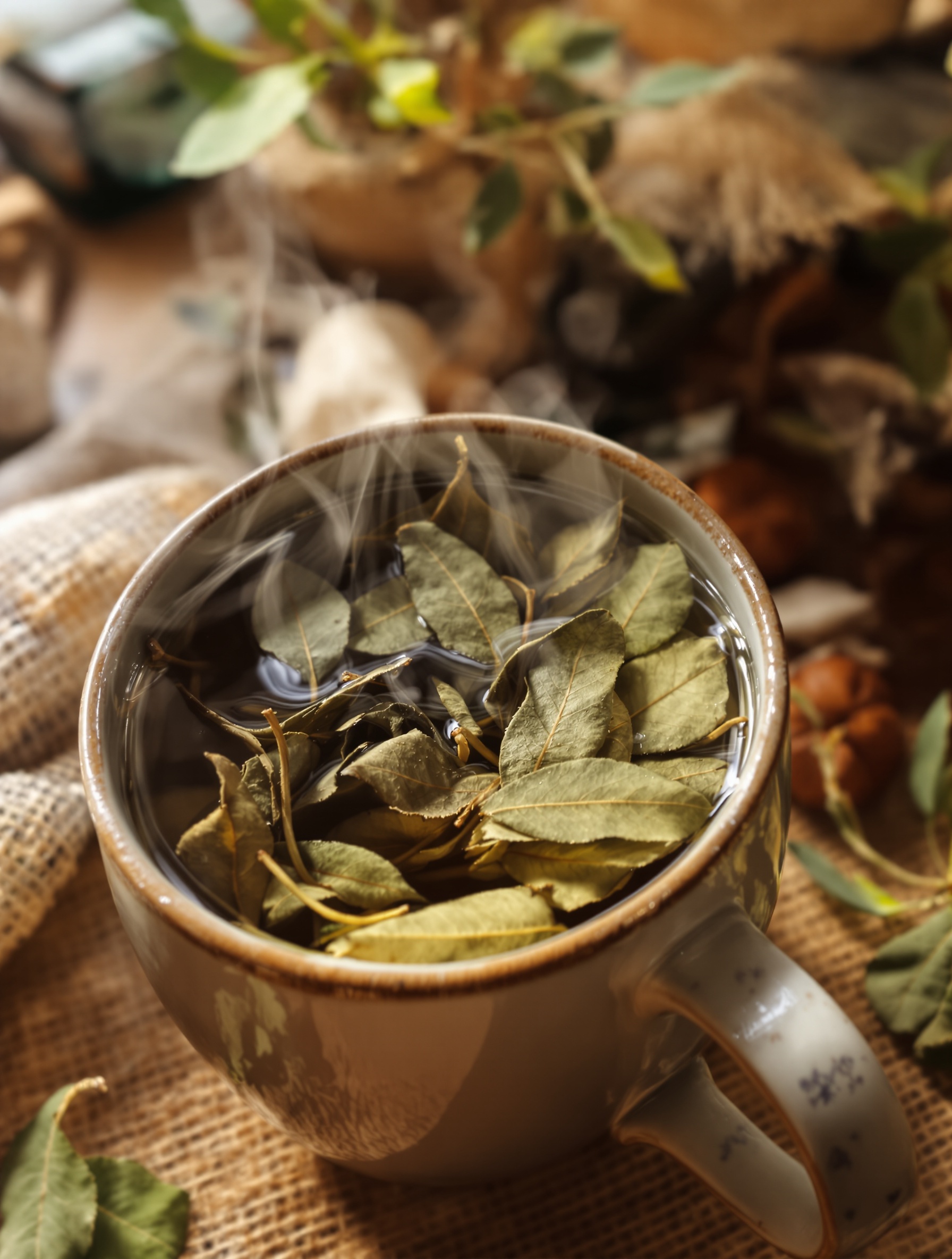 Tasse fumante avec infusion de feuilles de laurier, ambiance rustique