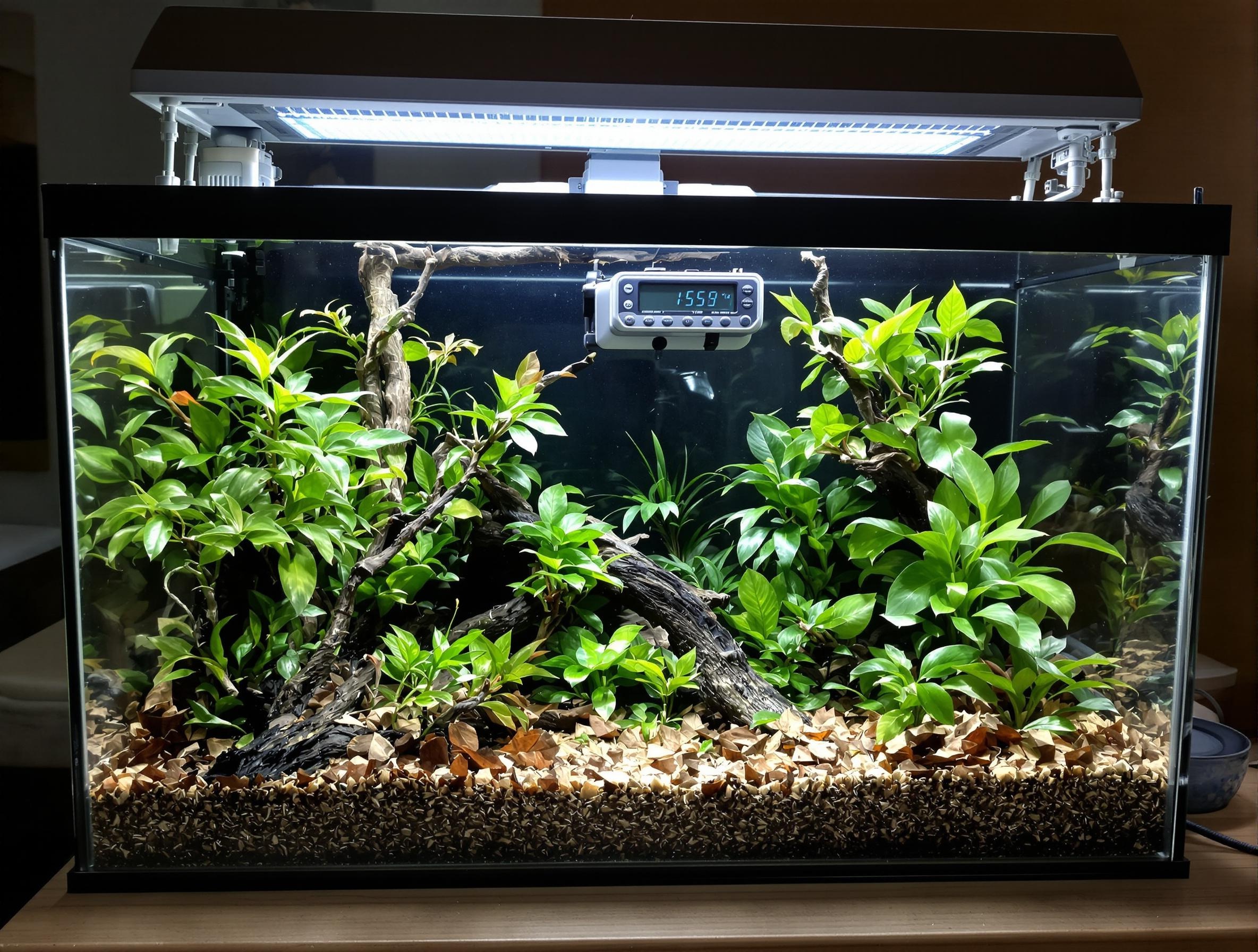 Terrarium 60 cm avec substrat fibre de coco, branches, lampe UVB et hygromètre digital