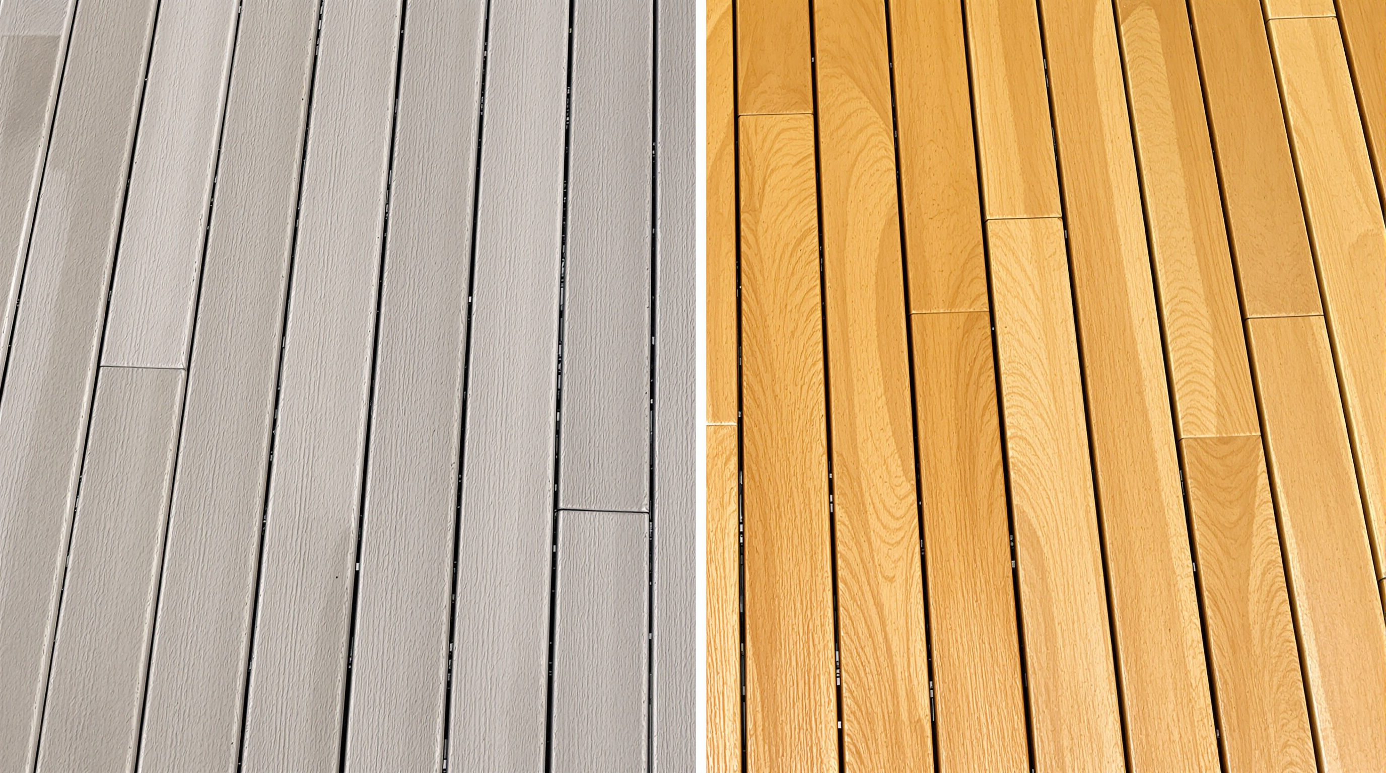 Terrasse bois : à gauche grise et sale, à droite nettoyée et éclatante, effet avant-après assuré