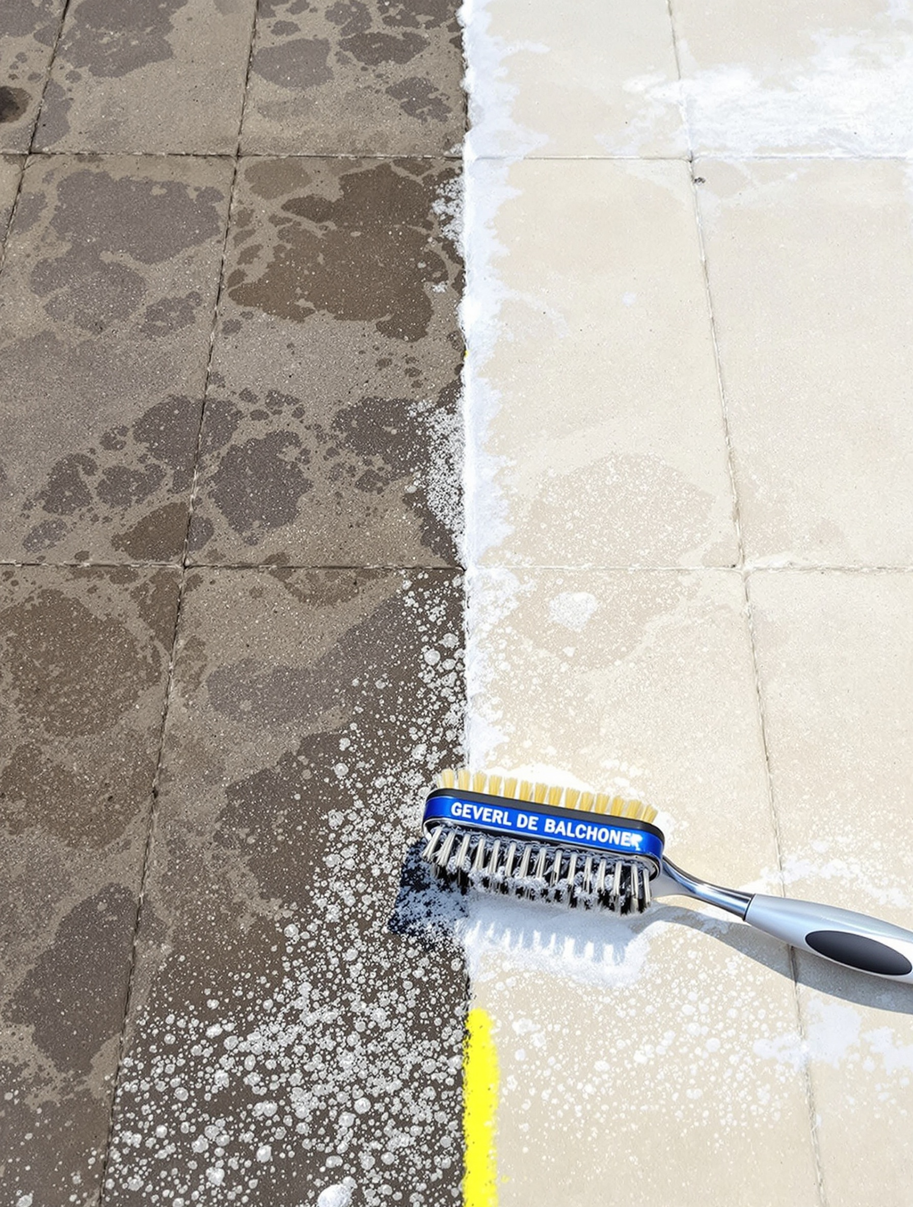 Terrasse en pierre naturelle : contraste entre zone noircie et zone propre après cataplasme savon noir bicarbonate