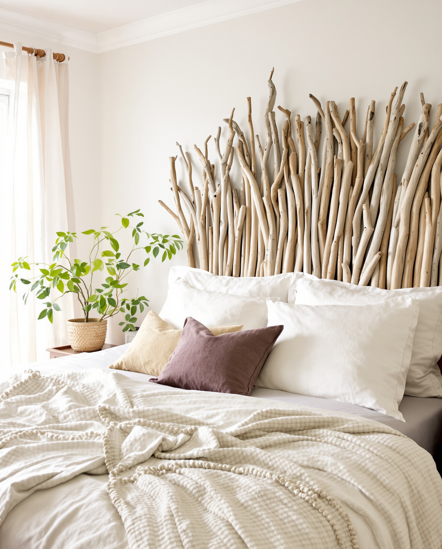 Exemple de tête de lit en bois flotté ou branches naturelles effet bohème chic