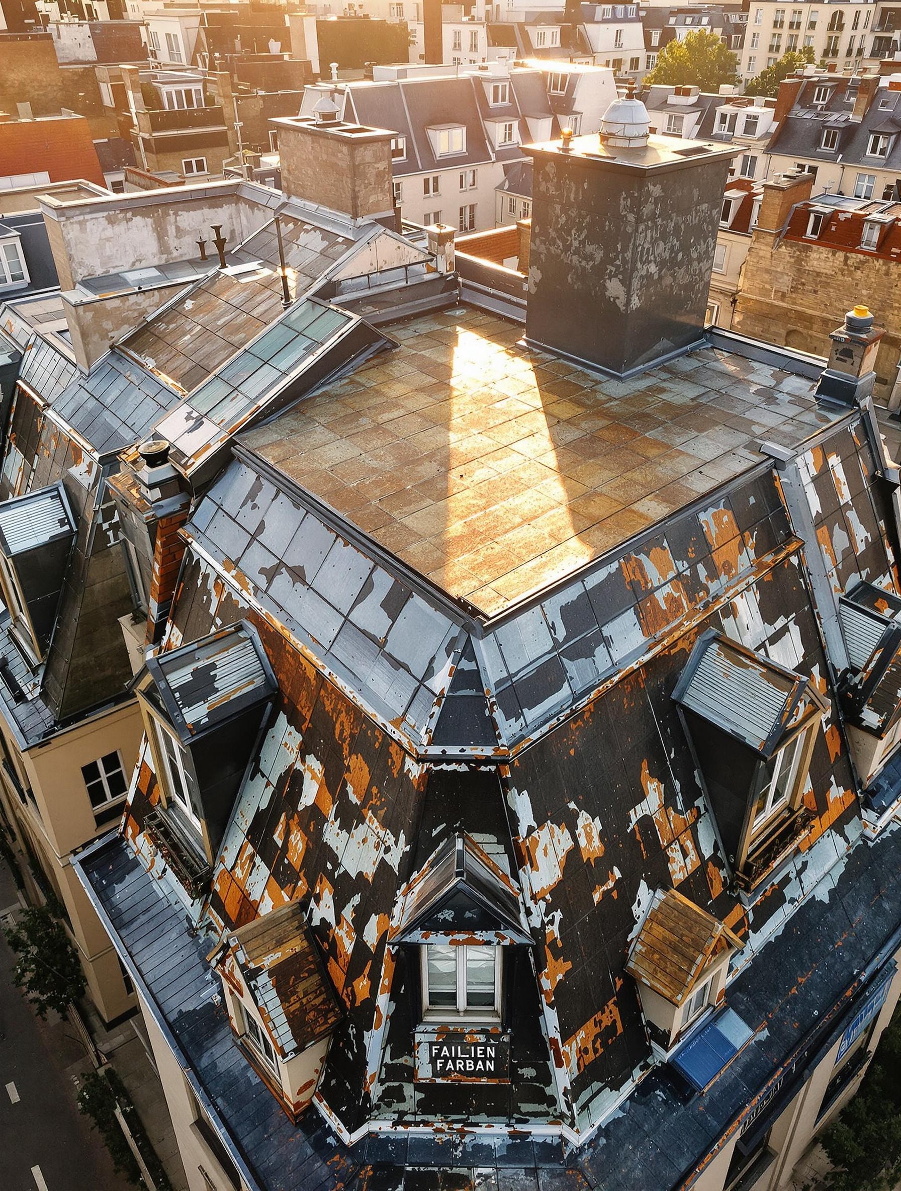 Toit haussmannien en zinc avec vue sur mansarde et terrasson au matin