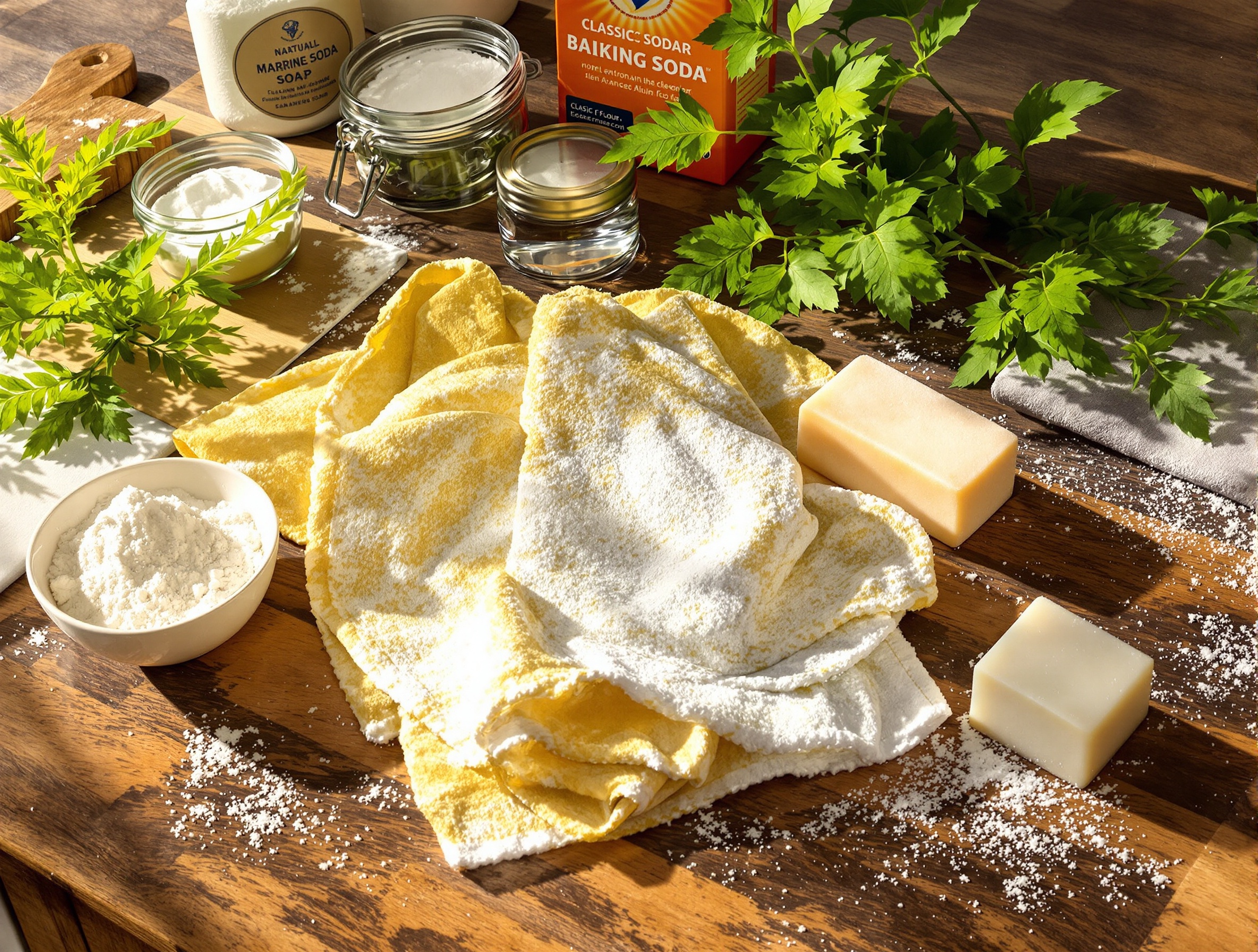 Torchon taché d'huile sauvé par des produits naturels et une fleur d'ortie