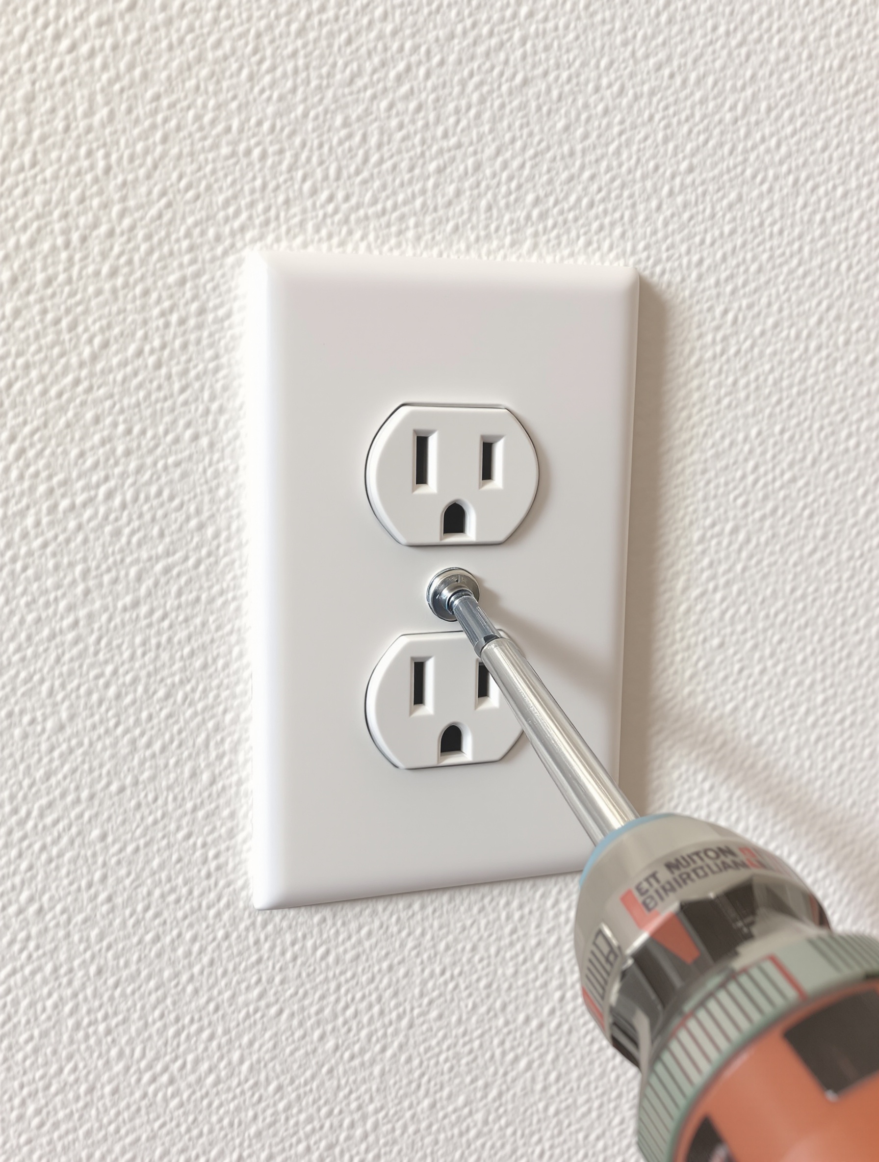 Un tournevis pointant vers la vis centrale d'une plaque de finition de prise électrique sur mur texturé