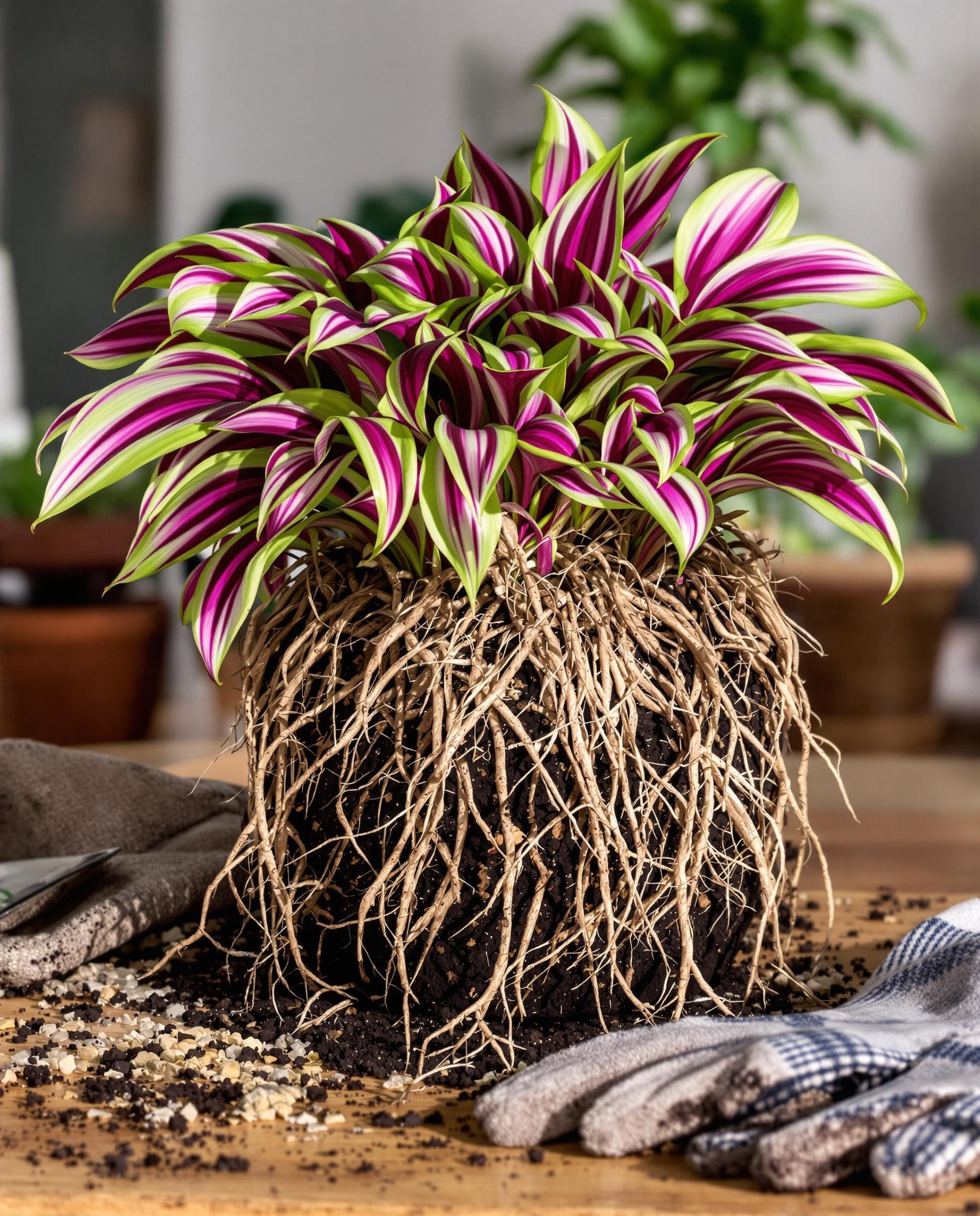 Tradescantia zebrina racines débordantes, outils rempotage, changement de pot