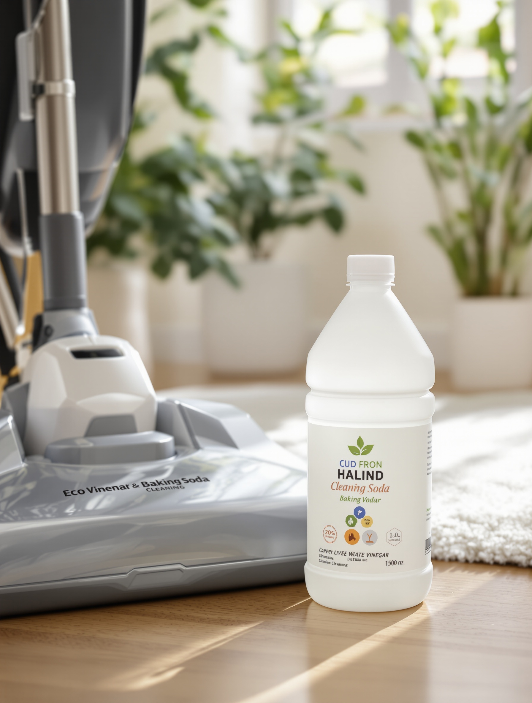 Bouteilles de vinaigre blanc et bicarbonate posées à côté d'une shampouineuse