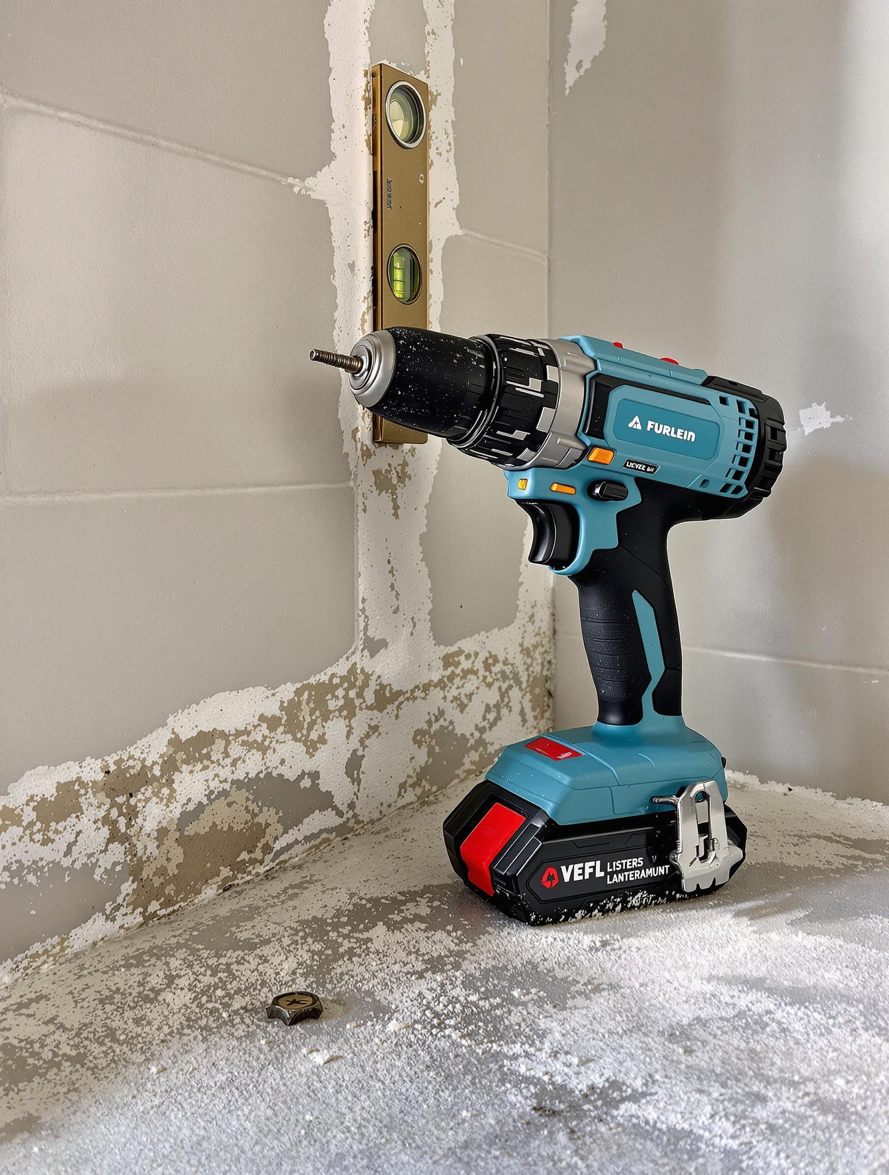 Visseuse et niveau à bulle utilisés sur un chantier de salle de bains.