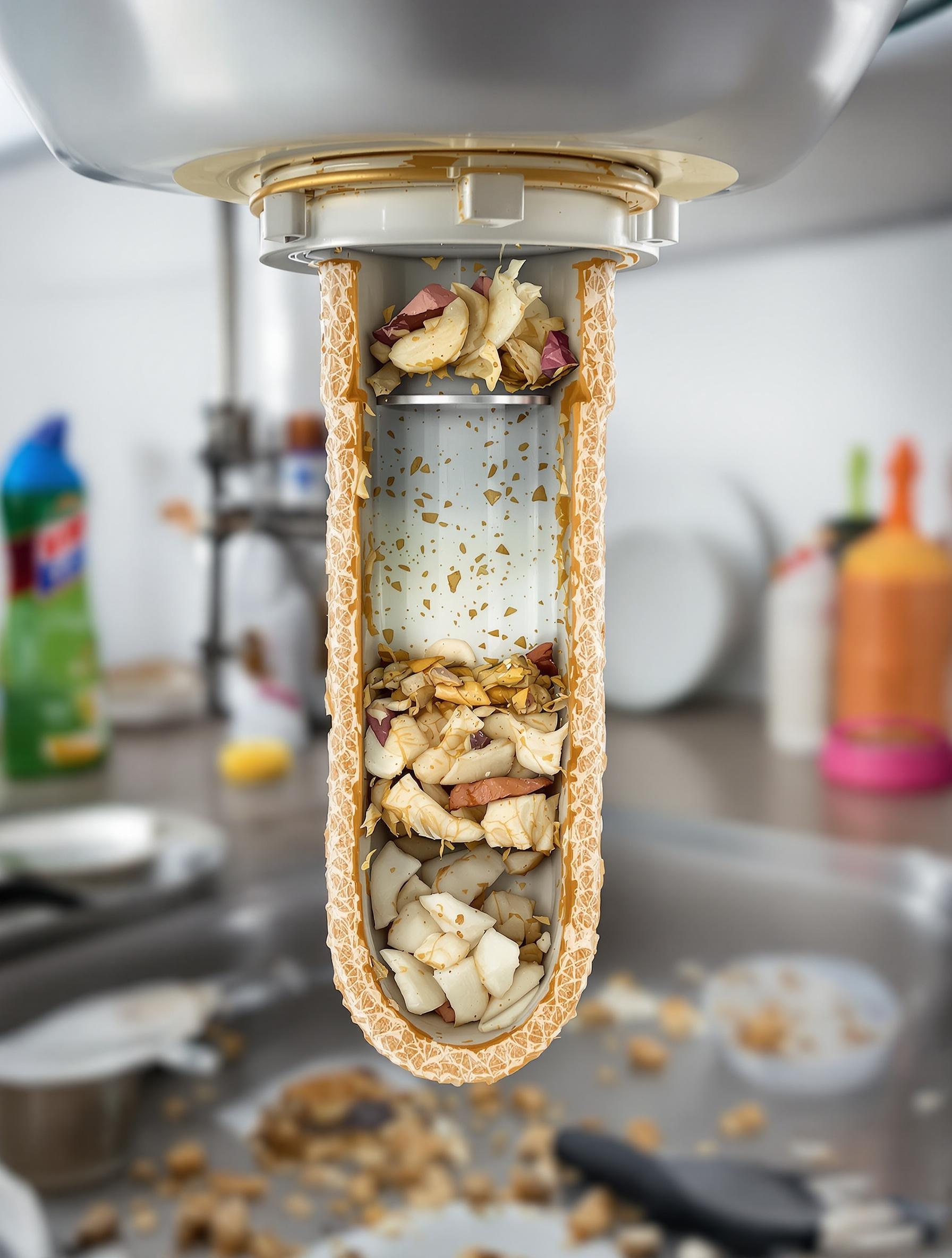 Coupe d’un siphon d’évier bouché par graisses et résidus