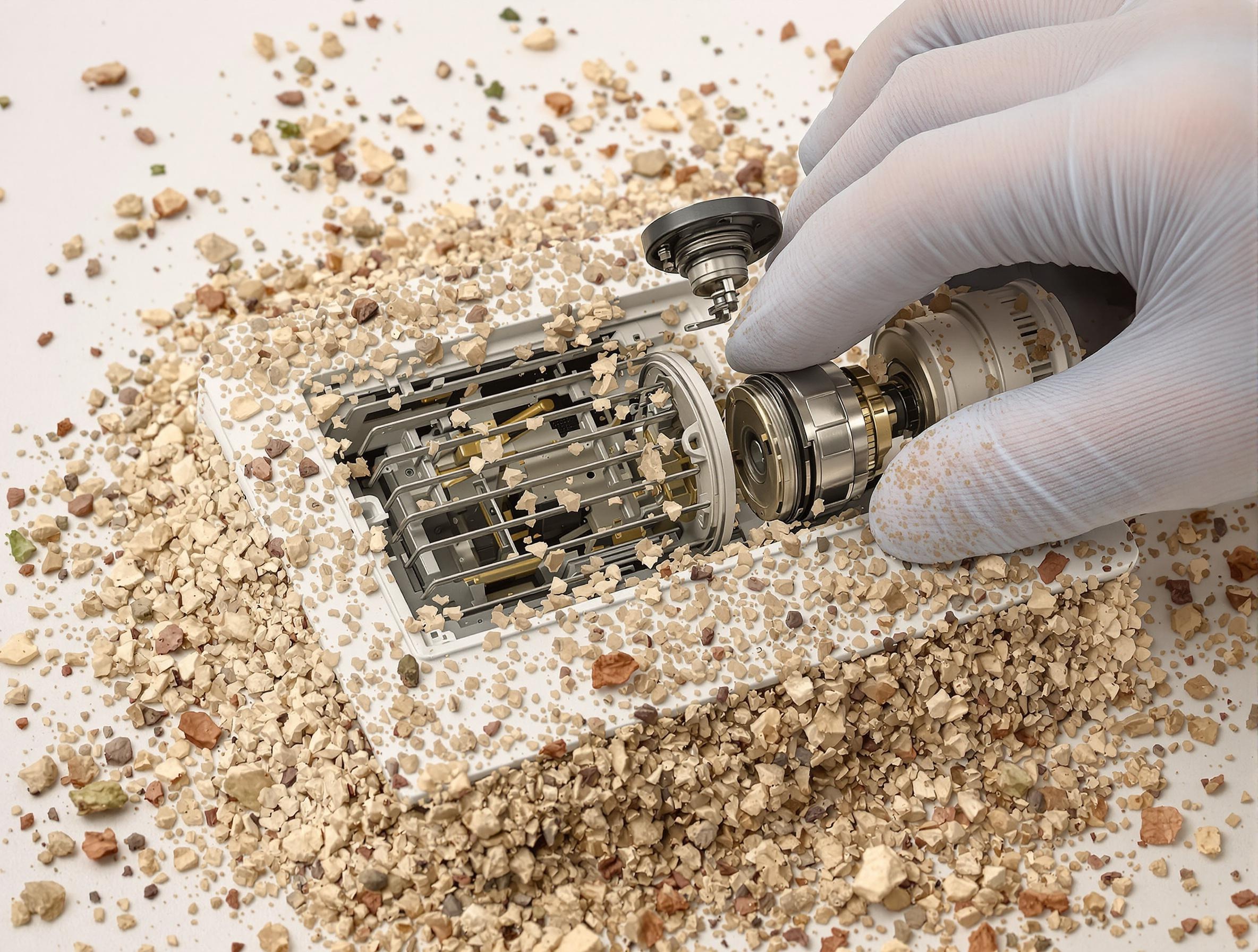 Bouche d'extraction VMC démontée montrant un encrassement végétal et poussiéreux.