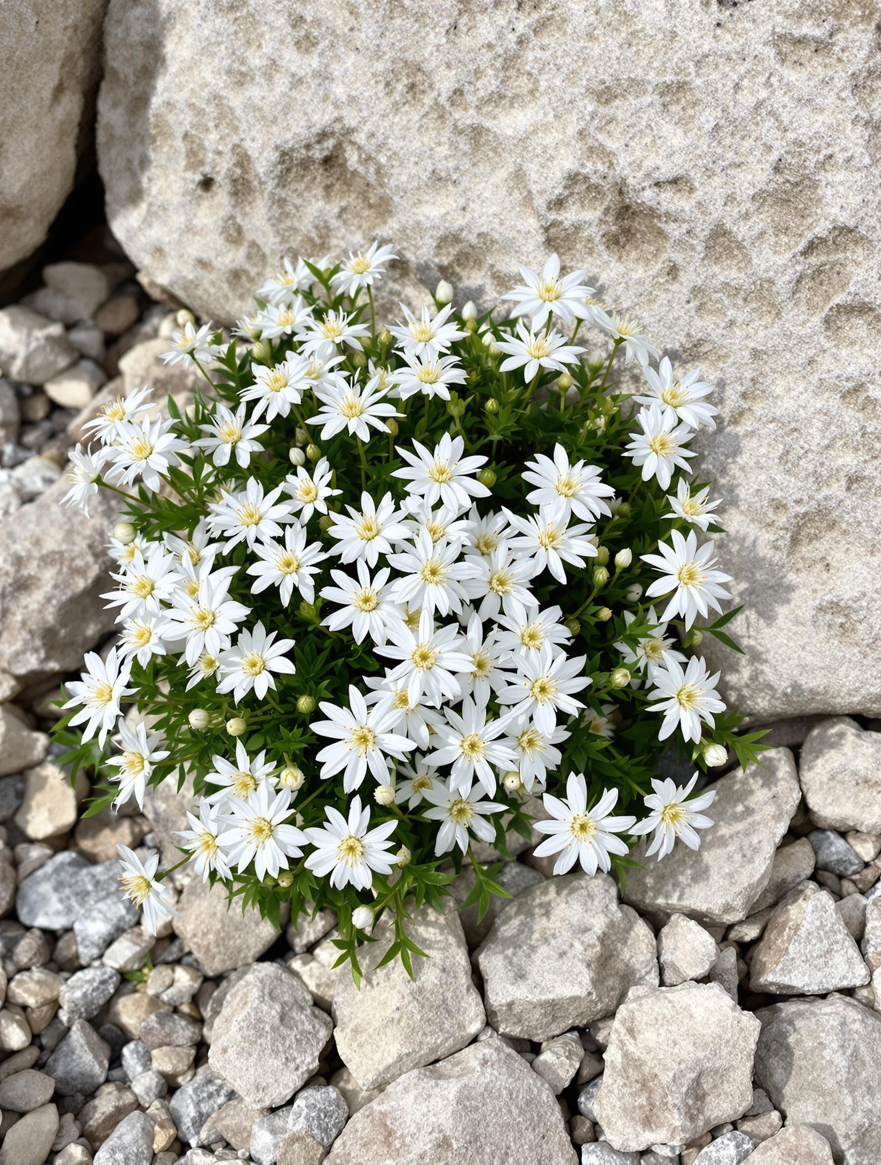 Groupe d’Edelweiss en fleurs dans une rocaille minérale