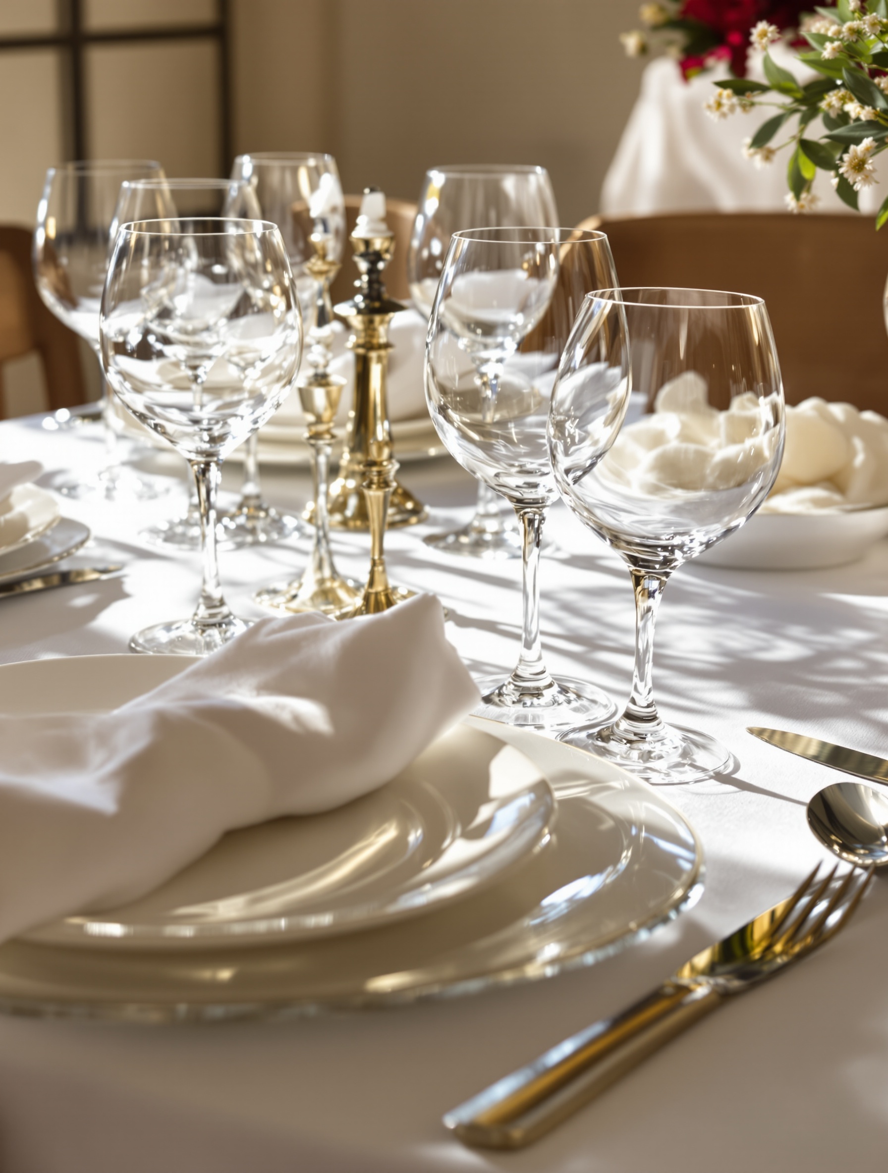 Vue rapprochée d'une table bien dressée montrant l'espace suffisant entre les verres pour une présentation élégante.